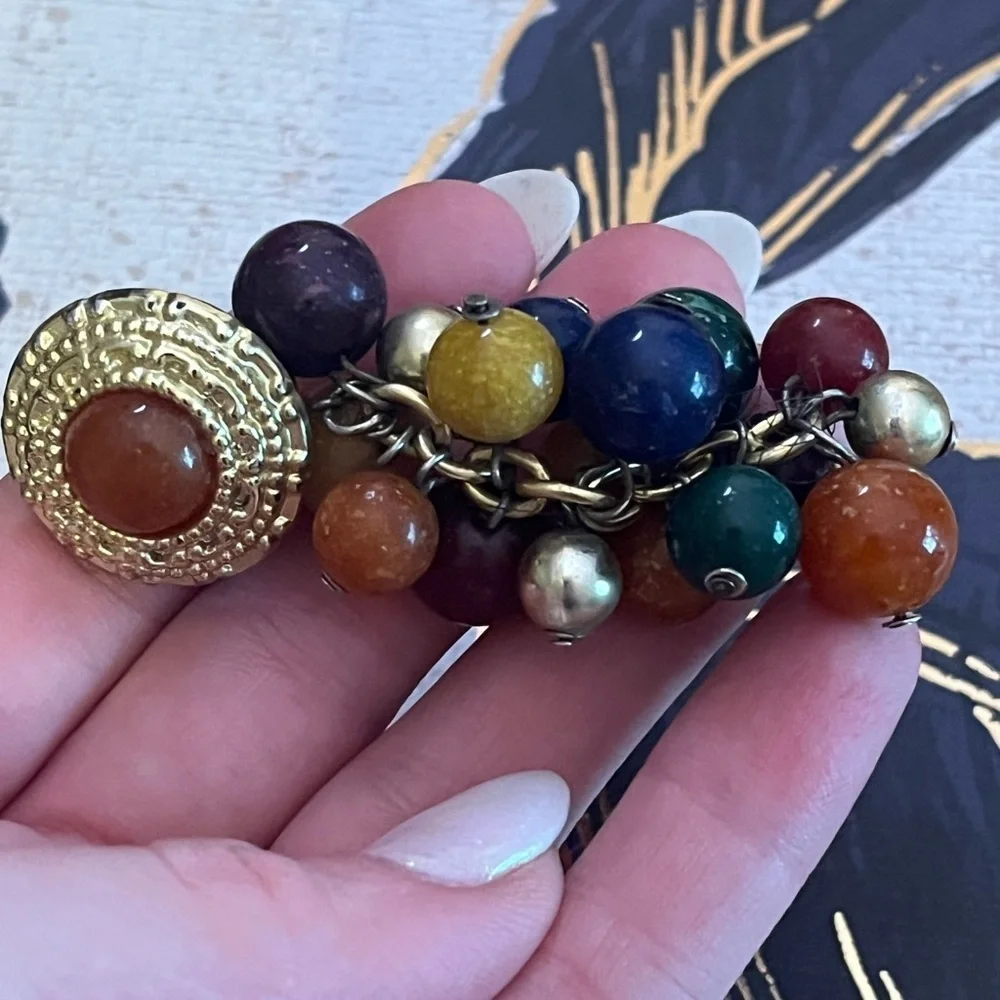 Vintage 80s Chunky Beaded BOLD Acrylic Clip On Earrings Gold and Jewel Tones